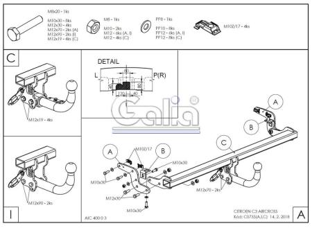 Фаркоп Galia для Citroen C3 Aircross (2018-2024) съемное крепление шара № C073C
